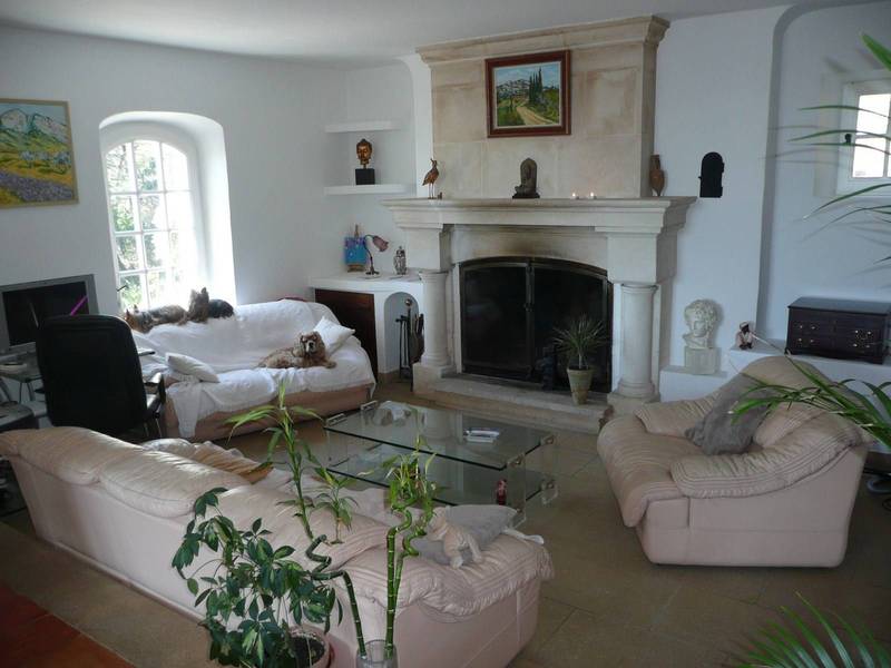 Salon avec cheminée dans cette villa à vendre dans le Luberon