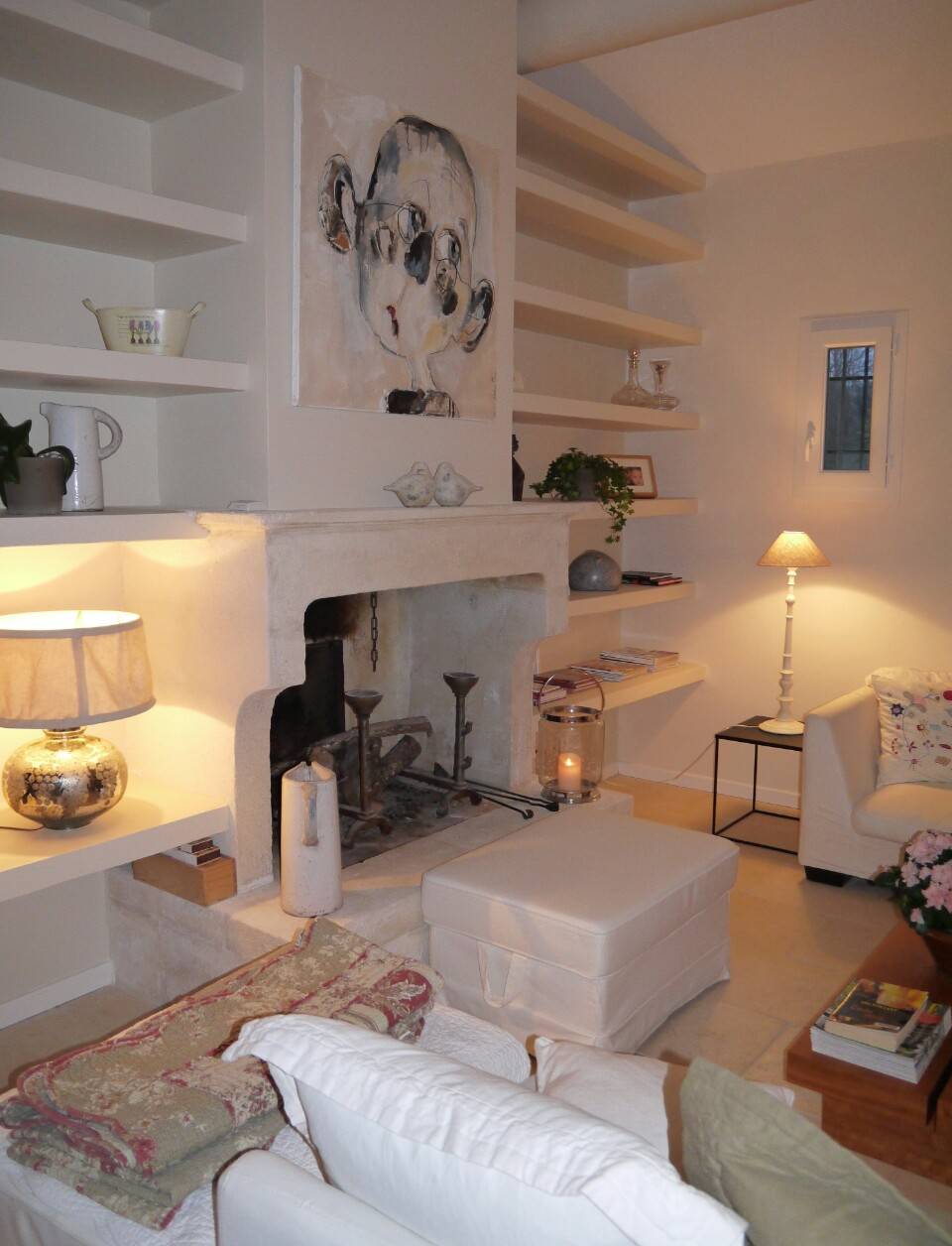 salon bibliothèque avec cheminée