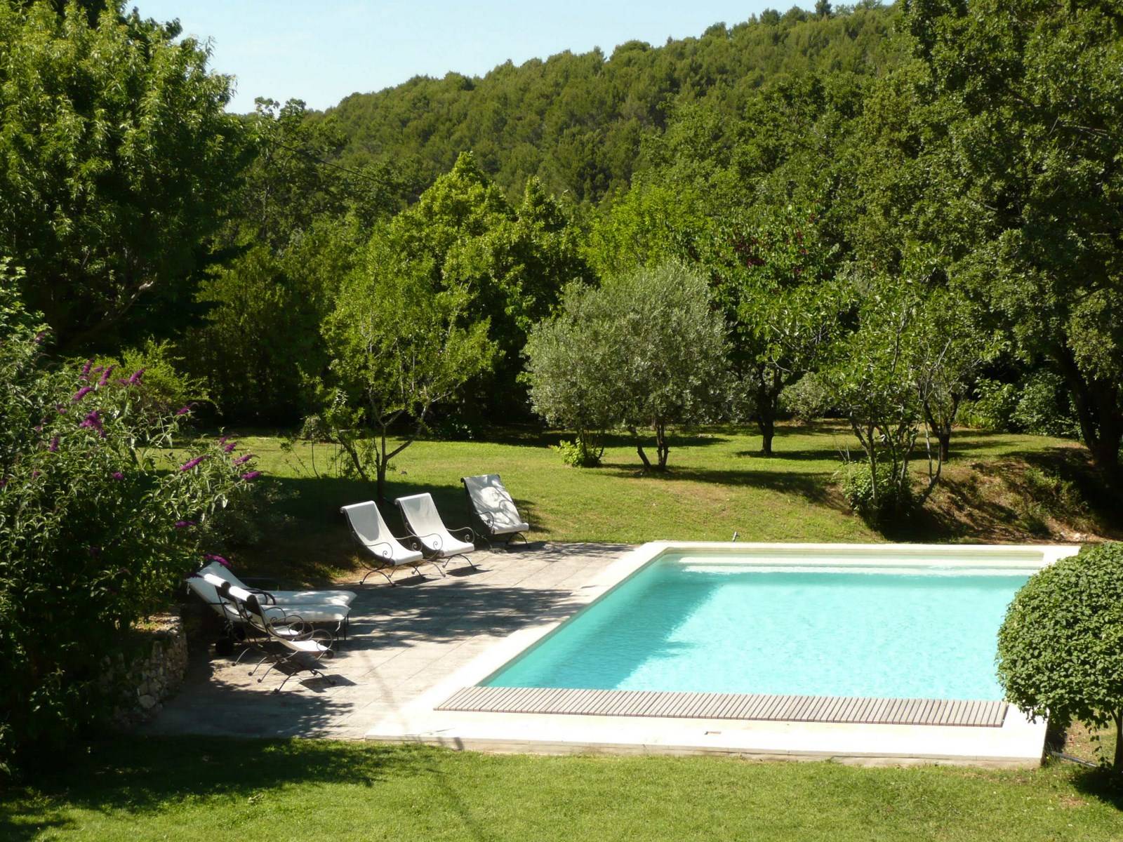 Piscine avec vue sue les lavandes et le Luberon dans cette propriété à vendre
