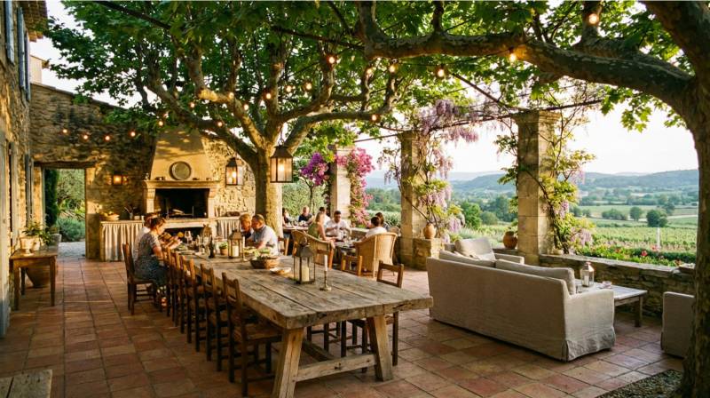 Terrasse provençale couverte avec grande table pour repas en famille