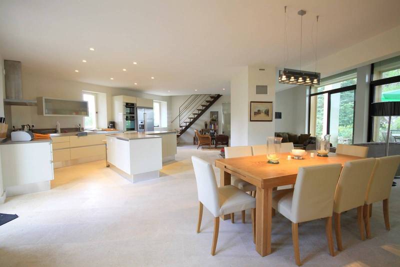 espace de vie salon avec cheminée cuisine ouverte équipée